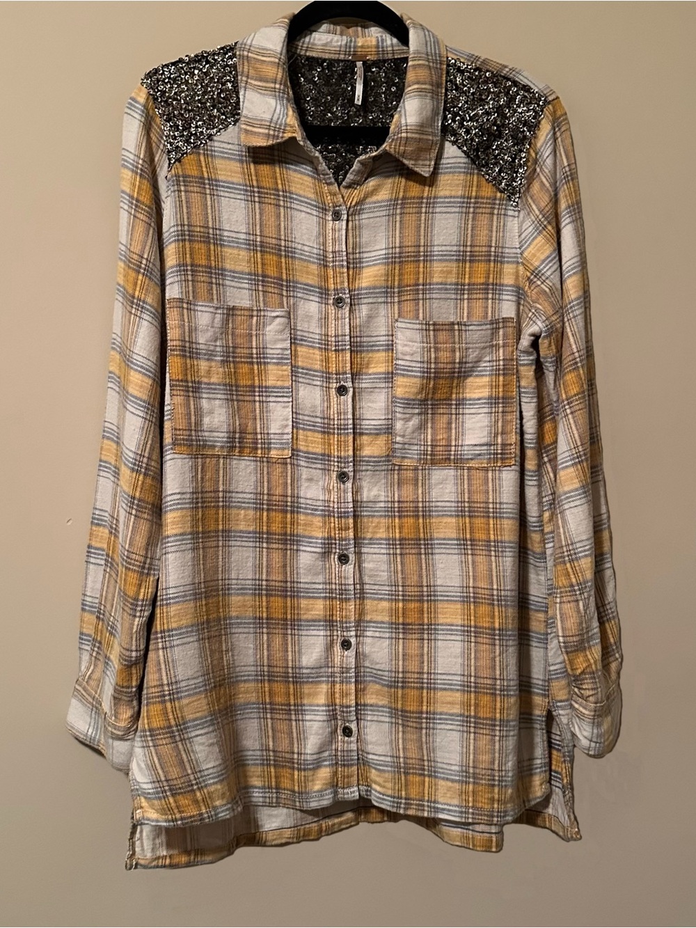 Free People Button-Up with Sequin Shoulder Detail